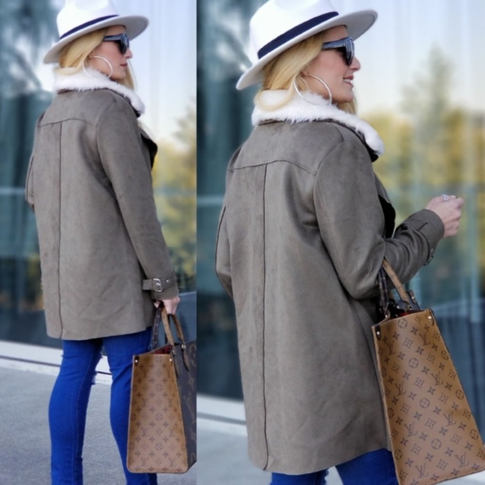 Olive Suede Mini Trench Coat - Picture 3 of 5
